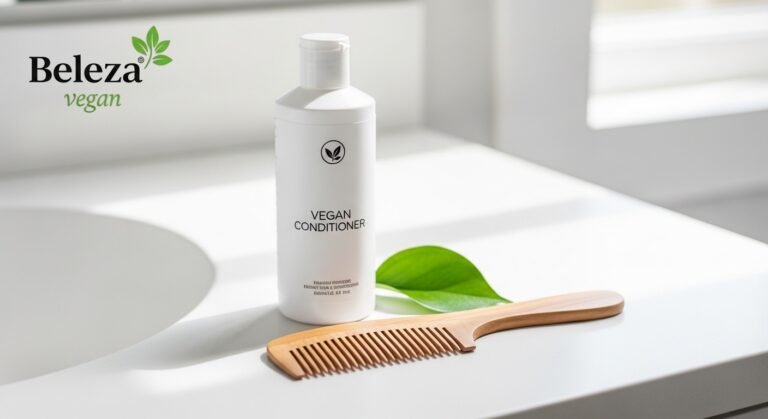 Condicionador vegano deixa os cabelos macios e fáceis de pentear. Óleos vegetais e manteigas sem crueldade. Sua rotina capilar fica ética.