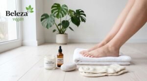 Descubra uma rotina vegana noturna para transformar pés ressecados, com calos e rachaduras. Esfoliação, óleos vegetais e meias de algodão.