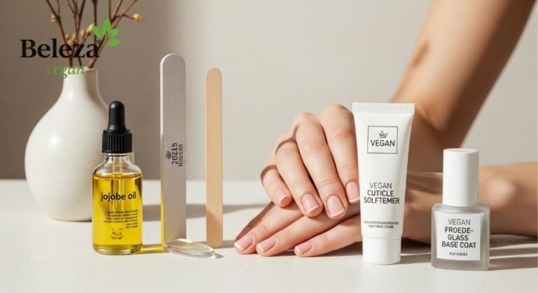 Aprenda a rotina vegana para unhas mais fortes, sem descamação e sem lascas. Óleos vegetais, lixa correta e bases sem ingredientes animais.
